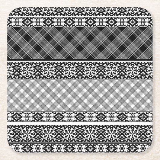 Schwarzweißpatchwork mit Spitze Rechteckiger Pappuntersetzer (Vorderseite)