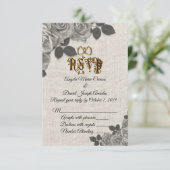 Schwarzweißrosen auf Leinenhochzeit RSVP Einladung (Stehend Vorderseite)