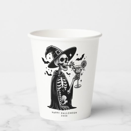 Schwarzweißskelett-Halloween-Party Pappbecher (Vorderseite)