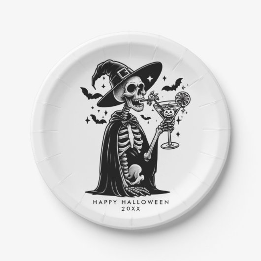 Schwarzweißskelett-Halloween-Party Pappteller (Vorderseite)