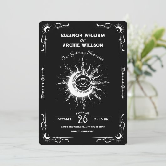 Schwarzweißsonne Tarot Himmelshochzeit Einladung (Stehend Vorderseite)