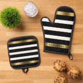 Schwarzweißstreifen-Gold-Unfall Ofenhandschuh & Topflappen-Set (Oben Unten)