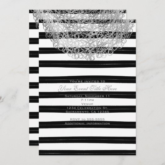 Schwarzweißstreifen und Silberstreifen Einladung (Vorne/Hinten)