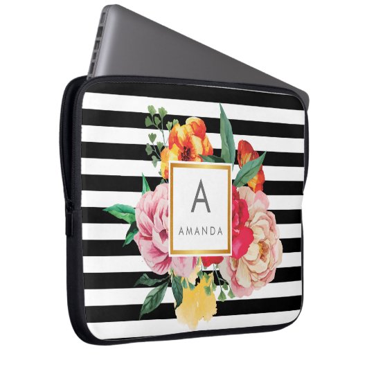 Schwarzweißstreifen Wasserfarbene Blume Laptopschutzhülle (Vorne Rechts)