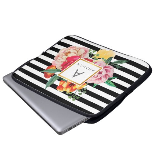 Schwarzweißstreifen Wasserfarbene Blume Laptopschutzhülle (Vorne Knopf)