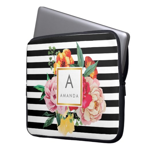 Schwarzweißstreifen Wasserfarbene Blume Laptopschutzhülle (Vorderseite Links)