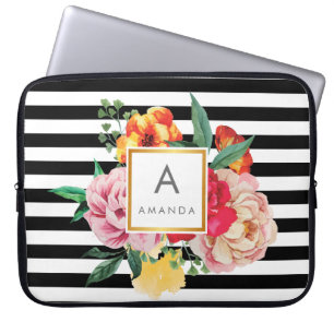 Schwarzweißstreifen Wasserfarbene Blume Laptopschutzhülle
