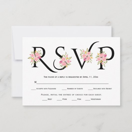 Schwarzweißtypografie, rosa Rosen - RSVP-Karte RSVP Karte (Vorderseite)