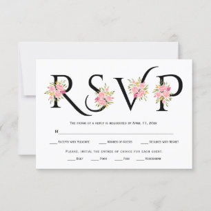 Schwarzweißtypografie, rosa Rosen - RSVP-Karte RSVP Karte