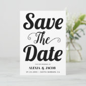 Schwarzweißtypografie und Foto auf der Rückseite Save The Date (Stehend Vorderseite)