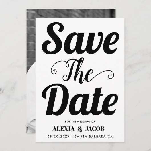 Schwarzweißtypografie und Foto auf der Rückseite Save The Date (Vorne/Hinten)