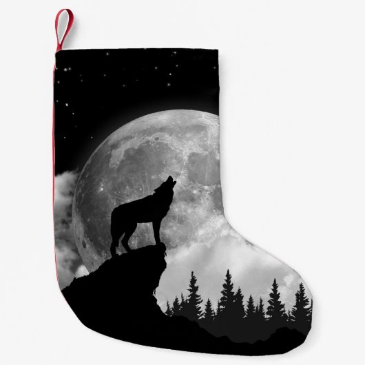 Schwarzweißwolf heult auf dem Mond Kleiner Weihnachtsstrumpf (Vorderseite)