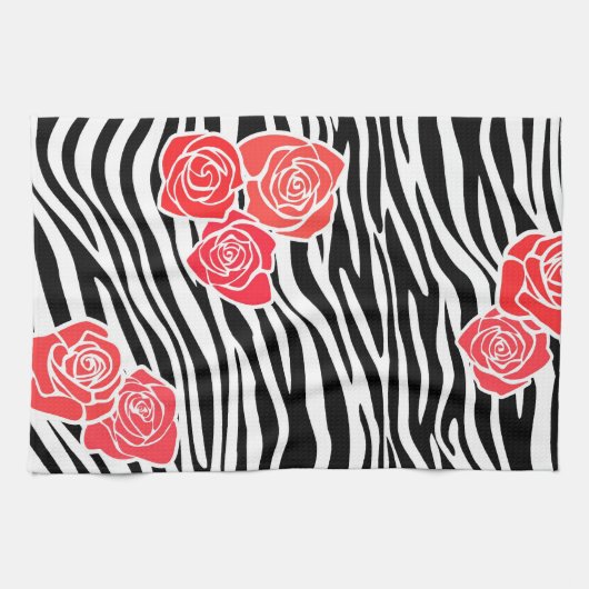 Schwarzweißzebramuster + rote Rosen Geschirrtuch (Horizontal)