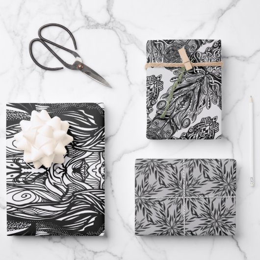Schwarzweißzeichnungen Geschenkpapier Set (Vorderseite)