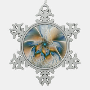 Schwebende, abstrakte Fantasy-Fraktal-Kunst in Bla Schneeflocken Zinn-Ornament