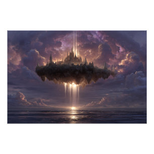 Schwebende Fantasy-Schloss-Wolkenstrahlen leuchten Fotodruck