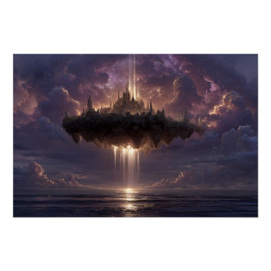 Schwebende Fantasy-Schloss-Wolkenstrahlen leuchten Poster (Vorderseite)