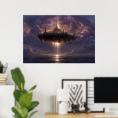 Schwebende Fantasy-Schloss-Wolkenstrahlen leuchten Poster (Heimbüro)
