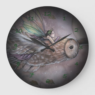 Schwebende Feen- und Eulen-Fantasie-Kunstuhr Große Wanduhr