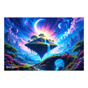 Schwebende Insel mit Wasserfall und Halbmond Fotodruck