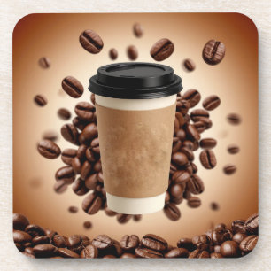 Schwebende Kaffeetasse mit Kaffeebohnen Getränkeuntersetzer
