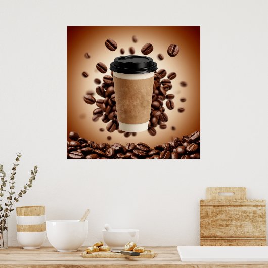 Schwebende Kaffeetasse mit Kaffeebohnen Poster (Küche)