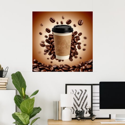 Schwebende Kaffeetasse mit Kaffeebohnen Poster (Heimbüro)