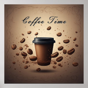 Schwebende Kaffeetasse mit Kaffeebohnen Poster