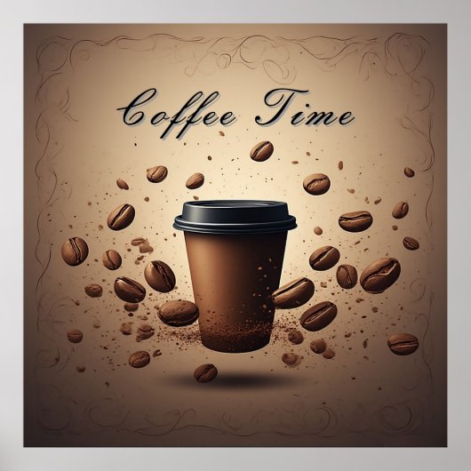 Schwebende Kaffeetasse mit Kaffeebohnen Poster (Vorne)