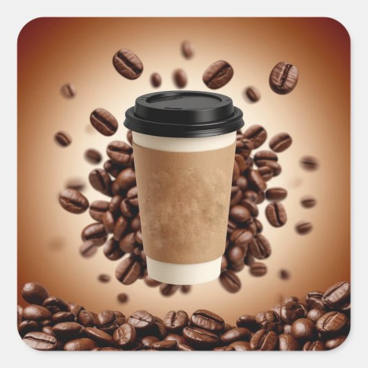 Schwebende Kaffeetasse mit Kaffeebohnen Quadratischer Aufkleber (Vorderseite)