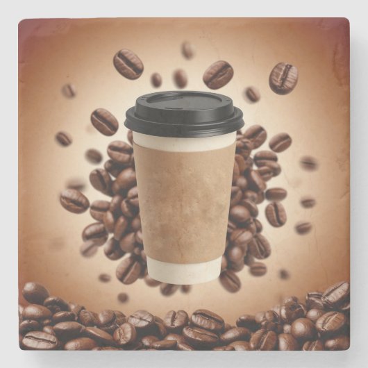 Schwebende Kaffeetasse mit Kaffeebohnen Steinuntersetzer (Vorderseite)