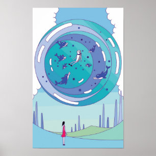 Schwebende Kugel mit darin schwimmenden Delfinen. Poster