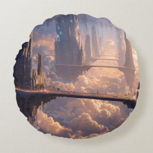 Schwebende Metropole in den Wolken Rundes Kissen