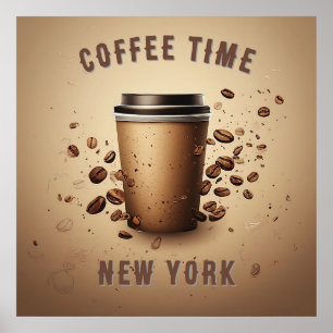 Schwebende Tasse Kaffee mit Kaffeebohnen Poster