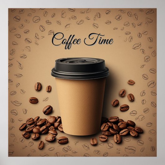 Schwebende Tasse Kaffee mit Kaffeebohnen Poster (Vorne)
