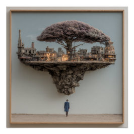 Schwebende zerstörte Stadt Blütenbaum Surreal Poster