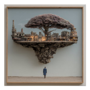 Schwebende zerstörte Stadt Blütenbaum Surreal Poster
