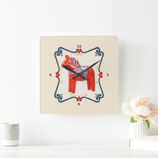 Schwede Dala Pferdevolkskunst gerahmt Quadratische Wanduhr (Zuhause)