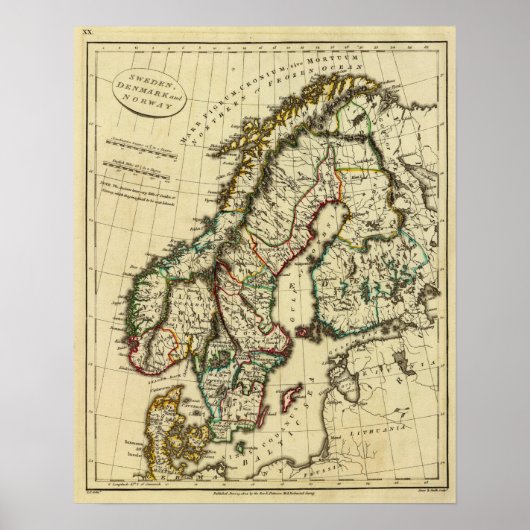 Schweden, Dänemark, Norwegen mit umrissenen Grenze Poster (Vorne)