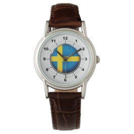 Schweden-Flagge Klassischer brauner Lederschimmer Armbanduhr