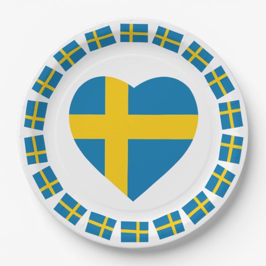 SCHWEDEN-HERZ-FORM-FLAGGE PAPPTELLER (Vorderseite)