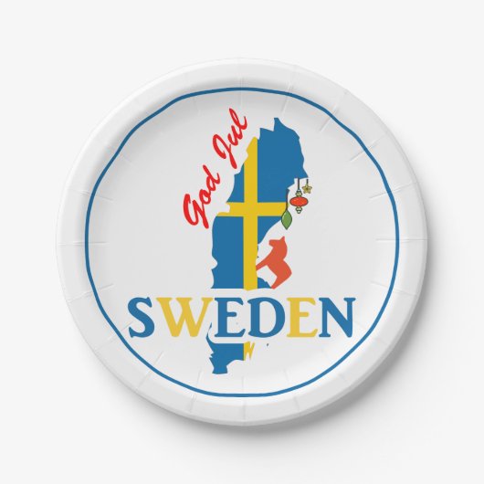 Schweden-Karten-Flagge und Gott Jul Pappteller (Vorderseite)