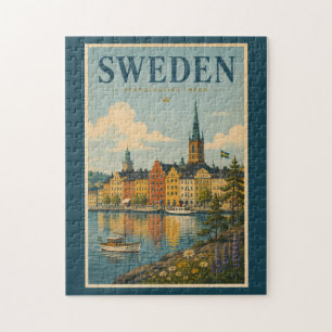 Schweden Landschaftsillustration Reise Kunst Vinta Puzzle