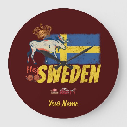 Schweden Vintage Flagge und Elche Souvenir Große Wanduhr (Vorderseite)