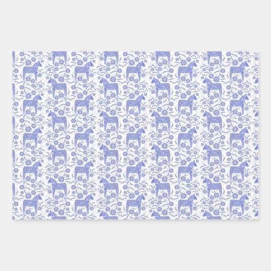 Schwedisch Dala Horse Indigo Blauer und Weiße Volk Geschenkpapier Set (Vorderseite 2)