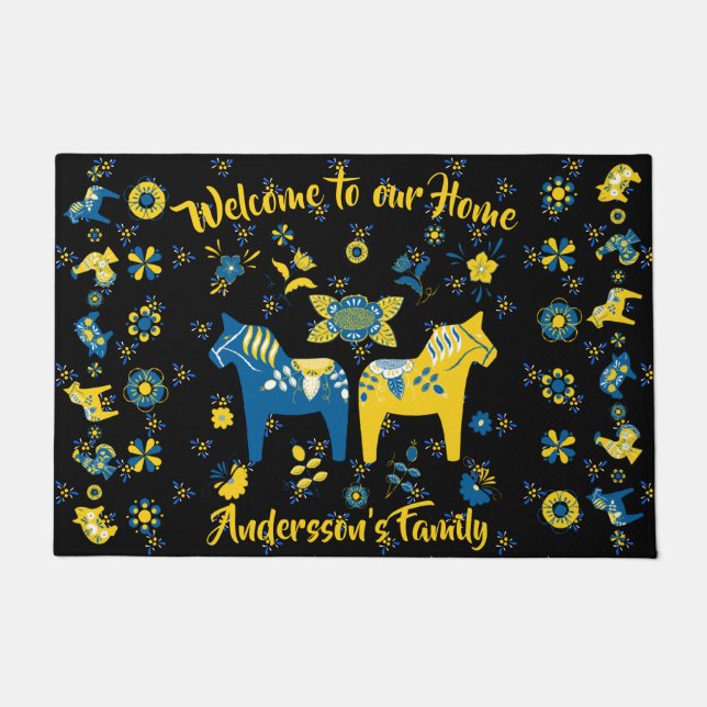 Schwedisch Folk Dala Horse l Blue und Yellow Fußmatte (Vorderseite)