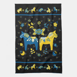 Schwedisch Folk Dala Horse l Blue und Yellow Geschirrtuch