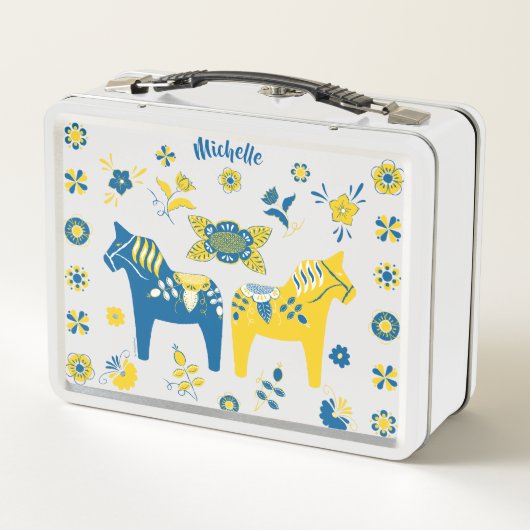 Schwedisch Folk Dala Horse l Blue und Yellow Metall Brotdose (Rückseite)