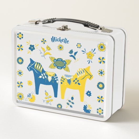 Schwedisch Folk Dala Horse l Blue und Yellow Metall Brotdose (Vorderseite)