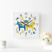 Schwedisch Folk Dala Horse l Blue und Yellow Quadratische Wanduhr (Zuhause)